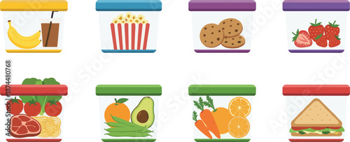 Set of clear plastic meal prep containers with colorful lids filled with healthy snacks fruits vegetables sandwiches and balanced meals vector illustration