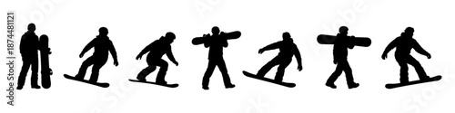 Snowboarder silhouettes riding in black. Set of snowboard poses including tricks and standing positions