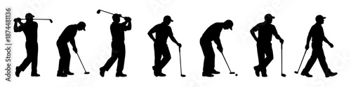 Golfer silhouettes playing golf in black. Set of swing, putting, and walking poses
