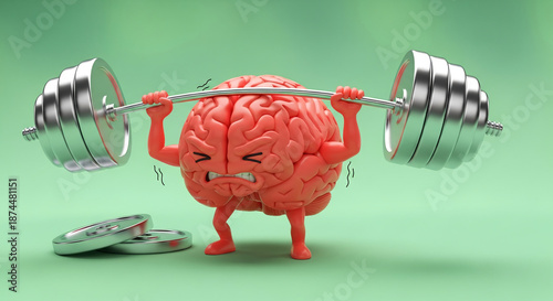 Cartoon brain lifting barbell, strained expression, green background, showcasing mental strength, effort, and cognitive ability