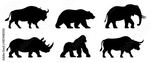 Large wild animal silhouettes in side view in black. Set of powerful mammals in profile