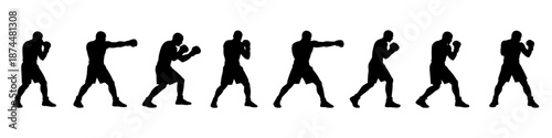 Boxing fighter silhouettes in fighting stances in black. Set of boxers punching and guarding positions