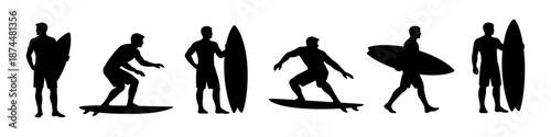 Surfer silhouettes with surfboard in black. Set of surfing stances and walking poses