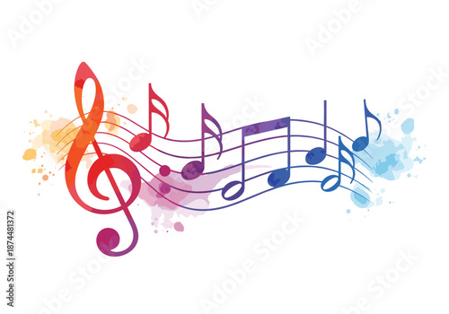 Abstract Watercolor Style Musical Staff with Colorful G-Clef and Notes