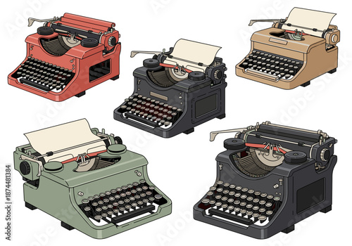 Assorted Vintage Typewriters with Blank Paper, Retro Technology for Writing
