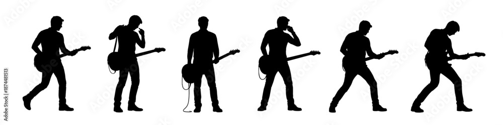 Naklejka premium Guitar player musician silhouettes performing in black. Set of rock guitarist stage poses