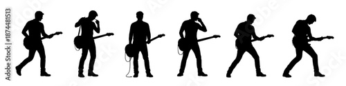 Guitar player musician silhouettes performing in black. Set of rock guitarist stage poses