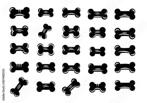 Set of Black Silhouette Dog Bone Icons in Different Styles, Pet-Themed Graphics