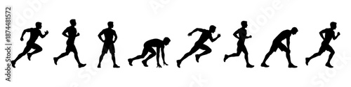 Sprint and running start silhouettes in black. Set of athletes accelerating and preparing to run