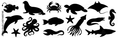 Sea animal silhouettes collection in black. Set of fish, marine mammals, and ocean creatures
