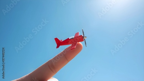 A tiny red propeller airplane rests on the tip of a person's index finger, pointing toward a clear blue, sun-drenched sky. The image uses a forced perspective to make the toy appear to be in flight.