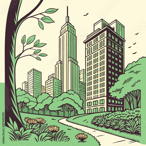 Green cityscape with skyscrapers and park trees