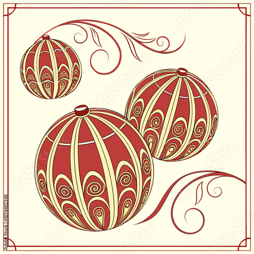 Red and gold Christmas ornaments with swirling patterns