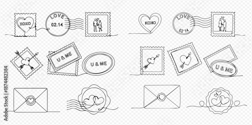 Continuous line drawing of various love and Valentine's Day themed stamps and envelopes, perfect for romantic designs.
