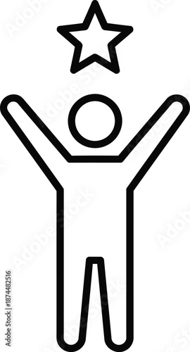 Simple line art icon of a person celebrating a major achievement with a star overhead
