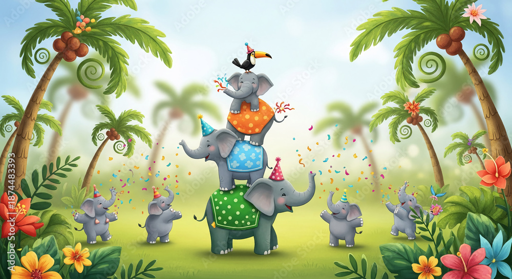 Fototapeta premium Illustration with three gray elephant wearing party hats, stacked on top of each other with toucan, confetti, palm trees and tropical flowers, celebration
