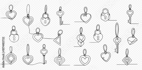Continuous line drawing of heart-shaped lockets, keys, and padlocks, symbolizing love and security in a minimalist art style.