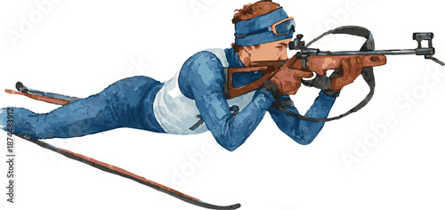 Vector watercolor illustration of a biathlonist lying and shooting