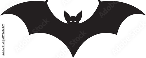A simple black silhouette of a bat with wings spread wide