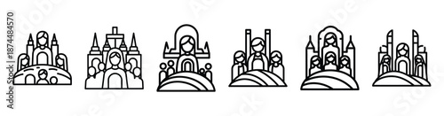 holy land worship Line art illustration isolated on white background of palm sunday icons