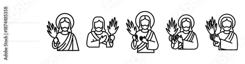 jesus greeted with Line art illustration isolated on white background of palm sunday icons