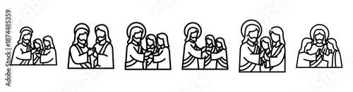 jesus greeted by Line art illustration isolated on white background of palm sunday icons