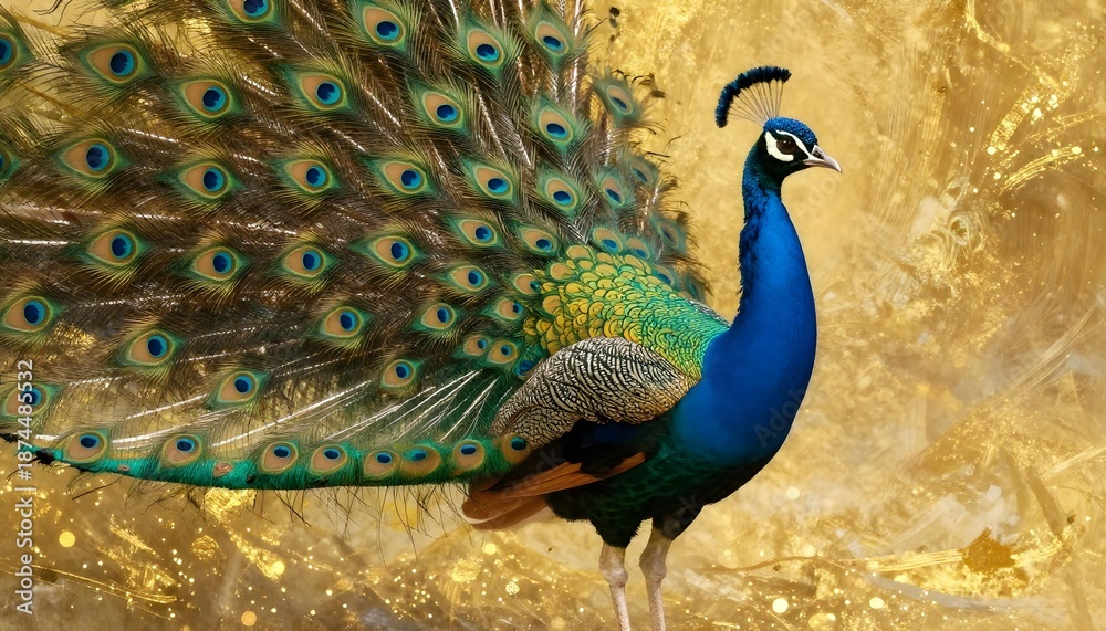 Fototapeta premium Majestic peacock displays its vibrant iridescent feathers against a luxurious golden background