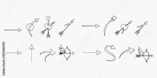 Set of hand-drawn doodle arrows, including straight, curved, heart-piercing, and Cupid's bow designs, isolated on a transparent background.