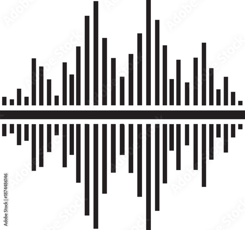 Symmetrical Sound Waveform Illustration with Reflected Bars and Lines on White Background