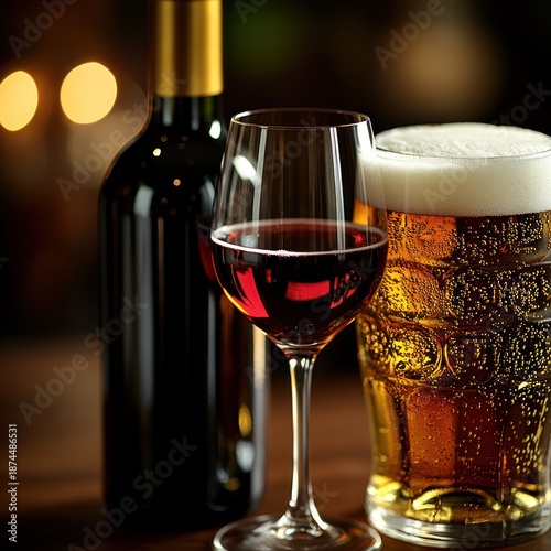 Rich red wine and golden beer invite relaxation on a wooden table