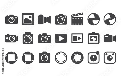 photo and video icon set, photography, image, photo gallery, video camera and photo camera icons, diaphragm symbol, flat minimal vector illustration for web and apps.