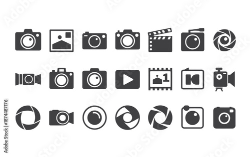 photo and video vector icon collection, image, photography, gallery, video camera and photo camera symbols, diaphragm icon, flat minimal illustration for digital projects.