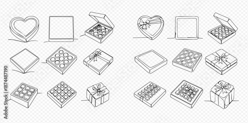 Set of chocolate boxes in continuous line art drawing style, vector illustration of various sweet treat packaging and gift boxes.