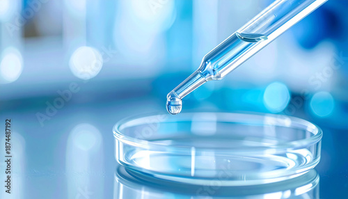 Laboratory pipette dispensing sample liquid into petri dish, biomedical research, scientific experiment