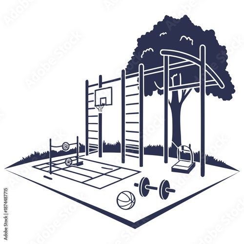Outdoor fitness area with various equipment