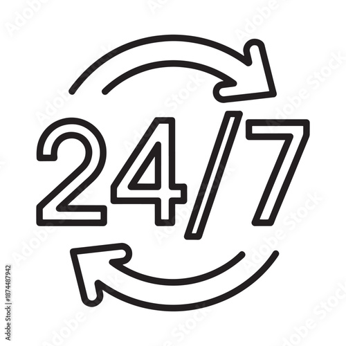 Round icon displaying the numbers 24 7 within a circular arrow design