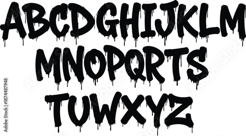 Black dripping graffiti alphabet letters A to Z on white background