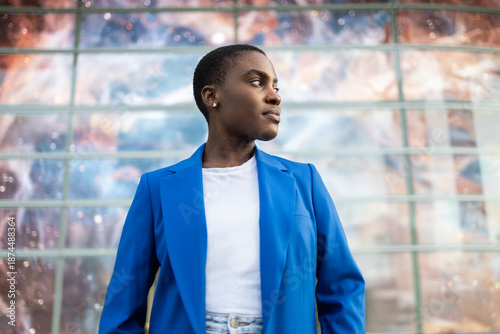 Confident CEO in blue jacket looking forward