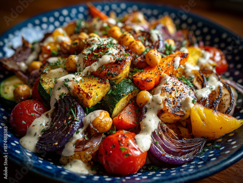 Roasted vegetable salad with chickpeas and tahini dressing