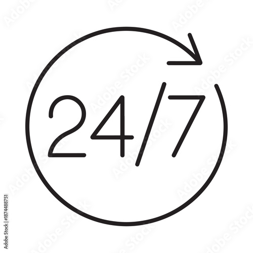 Simple black and white icon depicting continuous service availability 24 7