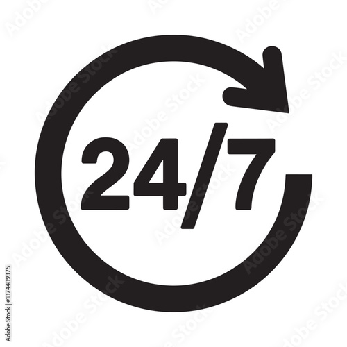 A black and white circular icon depicting the text 24 7 within a looping arrow