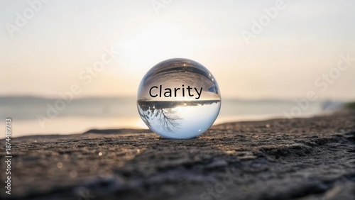 Glass orb reflecting landscape with word Clarity