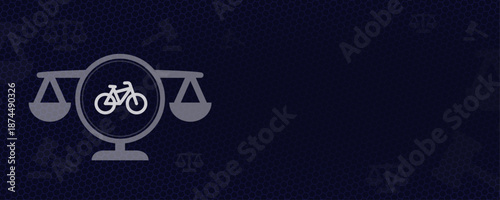 Traffic law and cycling regulations concept with bicycle icon and scales of justice on dark blue background, road safety rules and transport legislation, vector with copy space