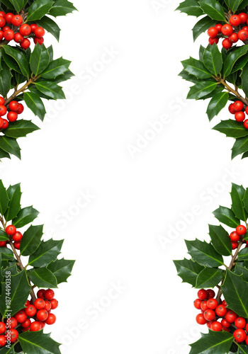 Detailed english holly branches with glossy green leaves and scarlet red berries framing centered copy space on a transparent studio background. Concept for elegant christmas design template