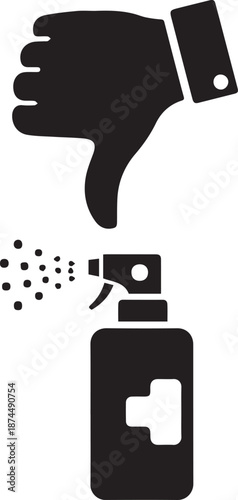 Disapproval indicated by hand gesture near a disinfectant spray bottle in a clinical environment