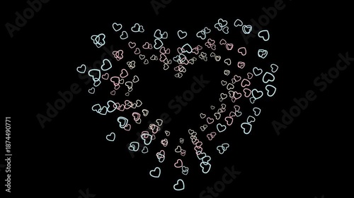 Animated Stream of Pastel Neon Hearts Flying on Black Background