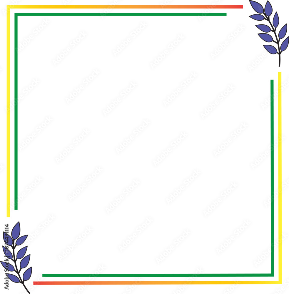 Obraz premium Modern geometric square border frame with colorful lines and purple leaf accents isolated on white background for creative design projects