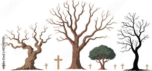 Cemetery tree silhouettes, graveyard scene, life and death symbolism, somber nature design, memorial art, seasonal contrast, reflective landscape