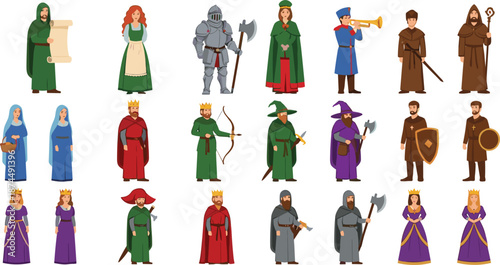 Set of medieval kingdom characters including kings queens knights wizards and peasants in various traditional historical costumes isolated on white background vector