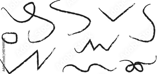 Chalk lines, charcoal highlight strokes doodle set. Pencil underlines, kids crayon strips, brush line in sketch style.